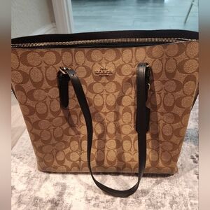 Coach Signature Canvas Tote in Tan with Black Straps